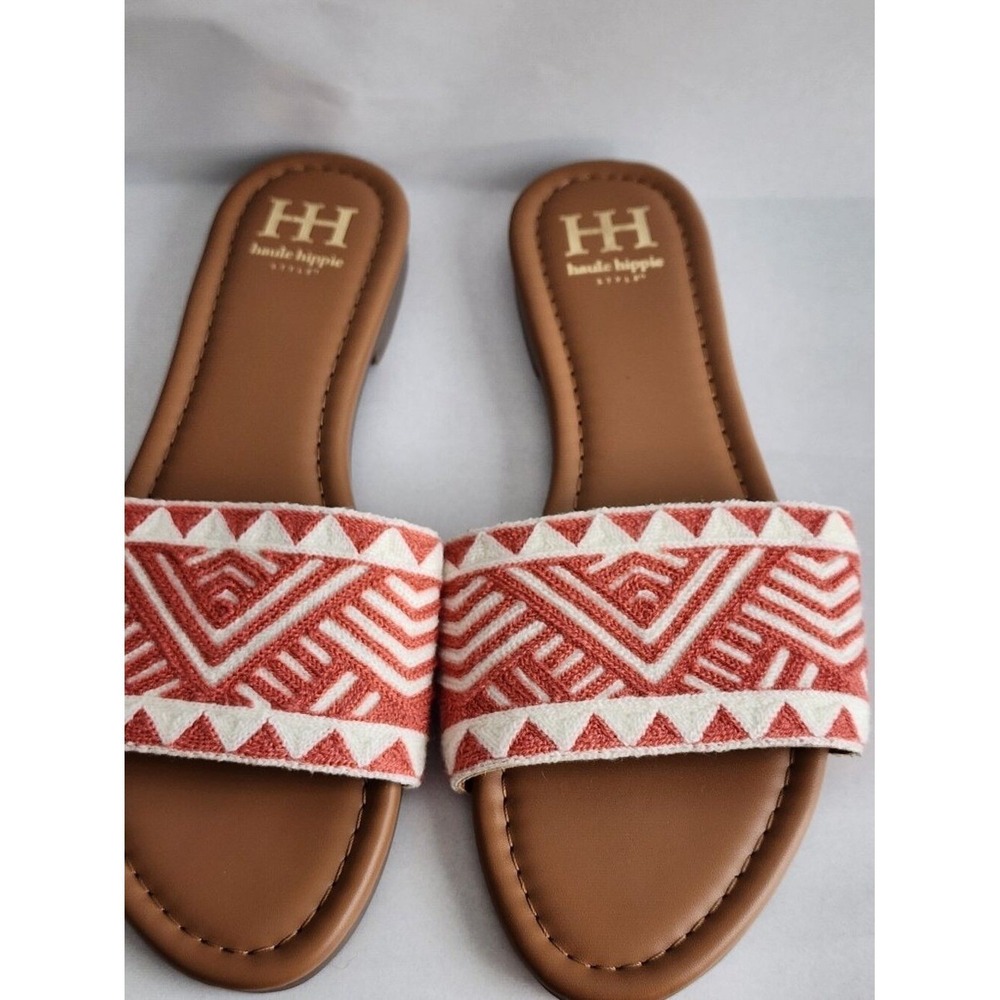 Haute Hippie Style Womens Red White Embroidered Geometric Slide Sandals Size 10